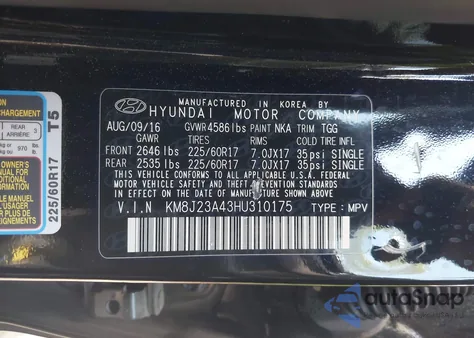 2017 Hyundai Tucson Se from USA, damaged, VIN KM8J23A43HU310175